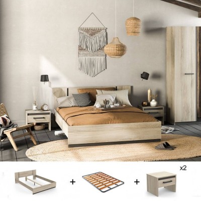 Pack Cama Watson 2 c/ 2 Mesas de Cabeceira + Estrado