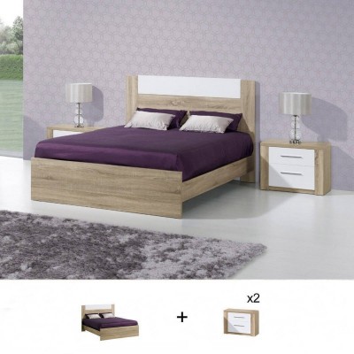 Pack Quarto Completo Paris c/ Estrado Carvalho Natura/Branco + 2 Mesas de Cabeceira (195x140)