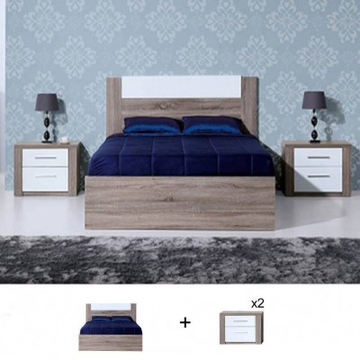 Pack Quarto Completo Paris c/ Estrado Carvalho Cinza/Branco + 2 Mesas de Cabeceira (195x140)