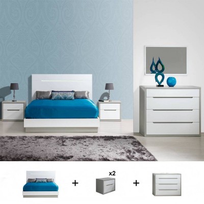 Pack Dormitorio Completo Viena c/ Cómoda (Gris/Blanco) + Somier (200x150cm)