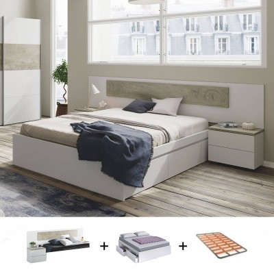 Pack Dormitorio Completo Aikos c/ Cama Kendra (Blanco Artic/Roble Alaska) + Somier (190x150cm)