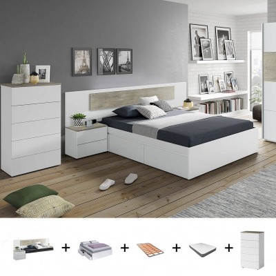 Pack Dormitorio Completo Aikos c/ Sinfonier (Blanco Artic/Roble Alaska) + Somier + Colchón Premium 17HR (190x150cm)
