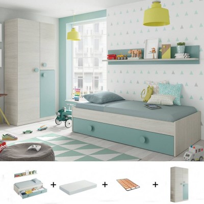 Pack Quarto Completo Snuba c/ Roupeiro + Estrado + Colchão Eko Roller (190x90cm)