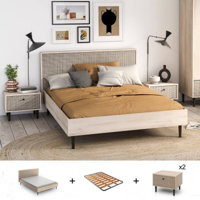 Pack Cama Saigon c/ 2 Mesitas de Noche + Somier (190x140cm)