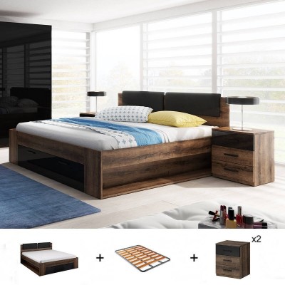 Pack Cama Galaxy (Marron) c/ 2 Mesitas de Noches + Somier (200x180cm)